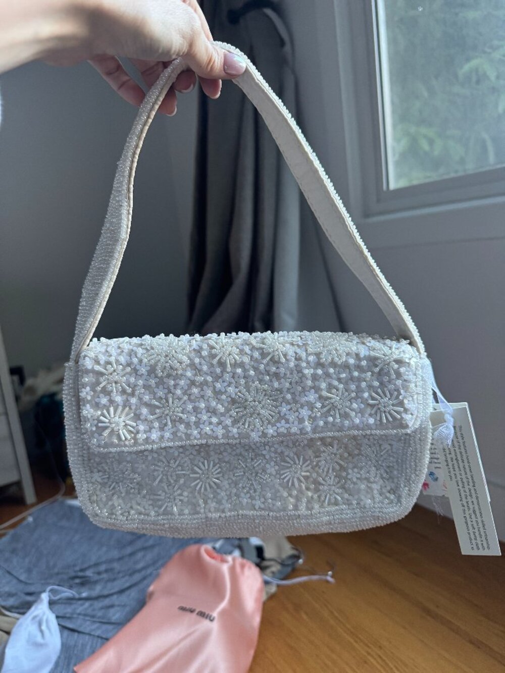 White Beaded Baguette Bag Handcrafted in India NWT